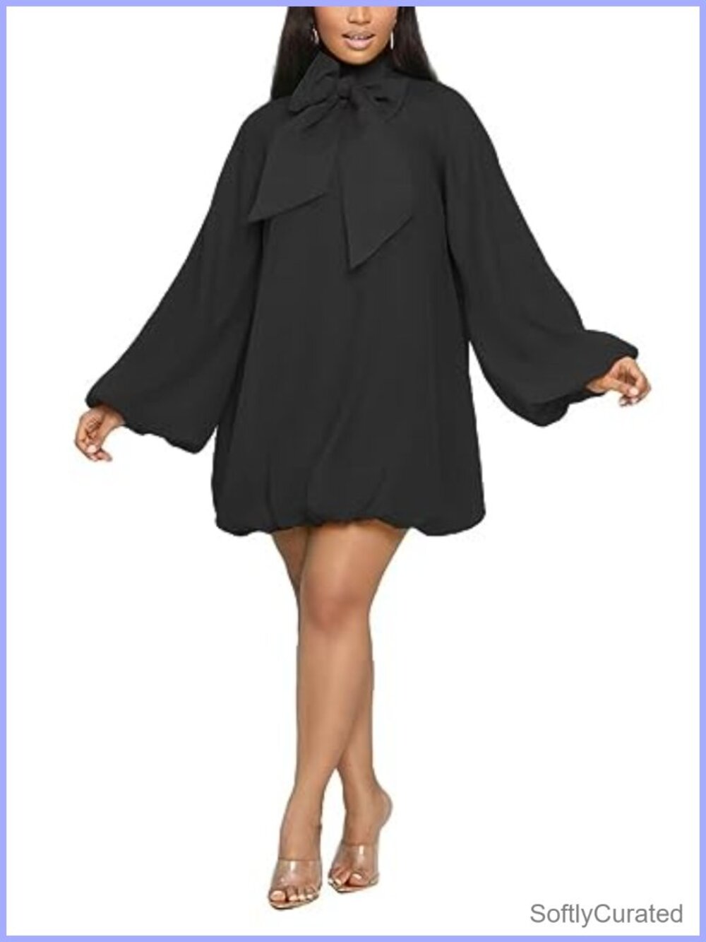 Puff Sleeve Chiffon A-Line Mini Dress with Bow Button Back